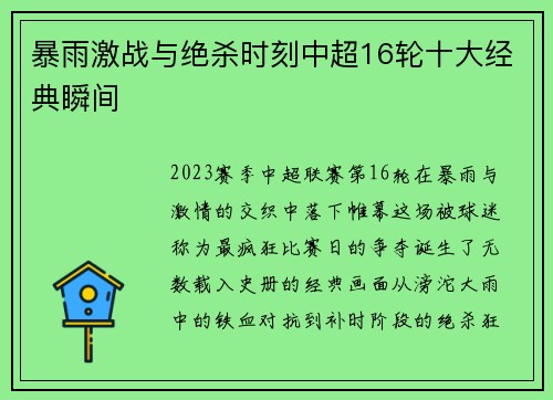 暴雨激战与绝杀时刻中超16轮十大经典瞬间