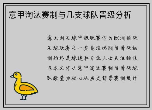 意甲淘汰赛制与几支球队晋级分析