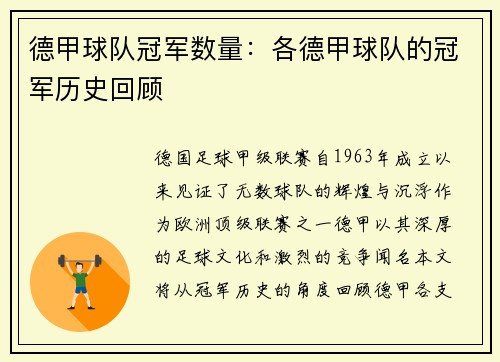 德甲球队冠军数量：各德甲球队的冠军历史回顾