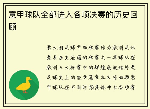 意甲球队全部进入各项决赛的历史回顾