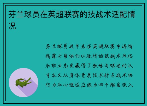 芬兰球员在英超联赛的技战术适配情况