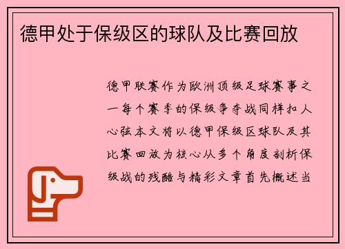 德甲处于保级区的球队及比赛回放