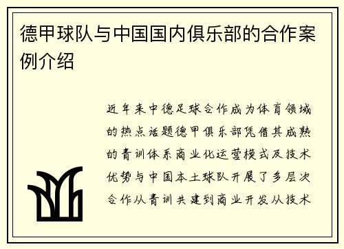 德甲球队与中国国内俱乐部的合作案例介绍